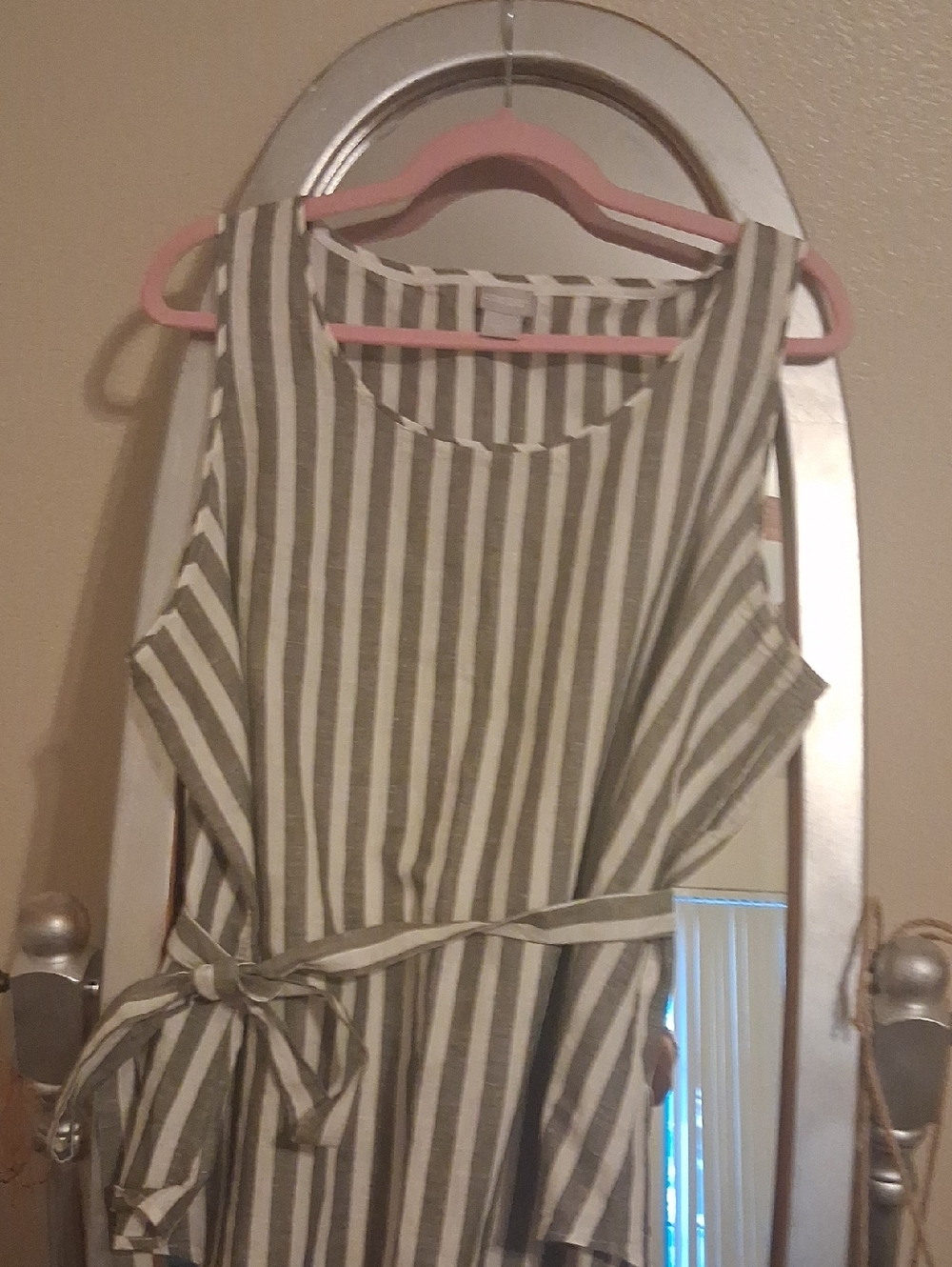 Chico's Olive and White Vertical Stripe Sleeveless Dress with Tie